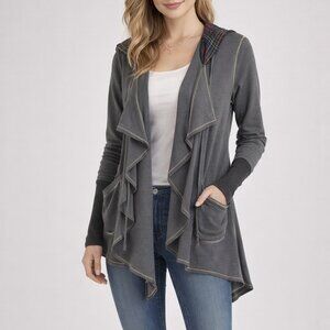 Charcoal Gray Hooded Cardigan Plaid Detail Open Front Asymmetrical Hem